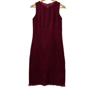 Kenneth Cole New York Burgundy Sleeveless Tweed Sheath Dress Size 4 Fringe Hem